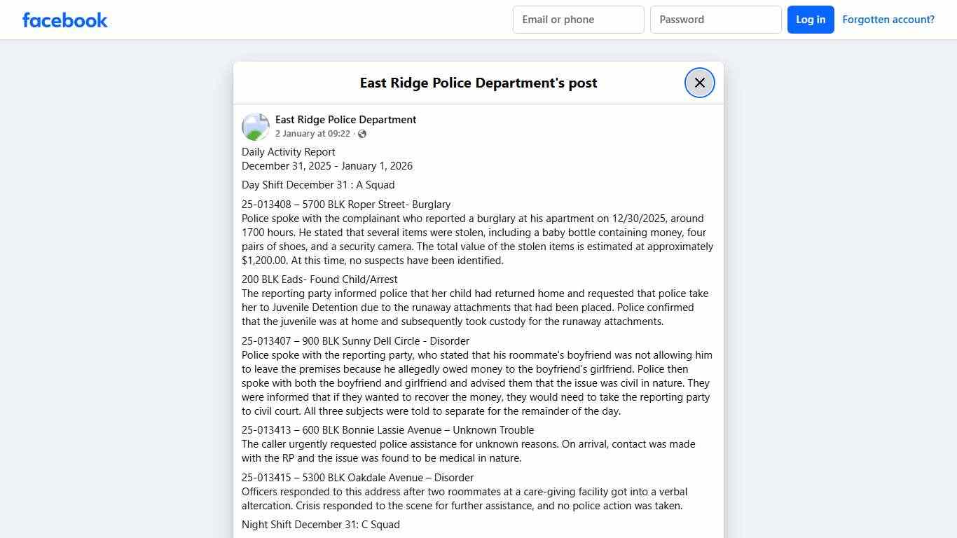 Daily Activity Report... - East Ridge Police Department Facebook